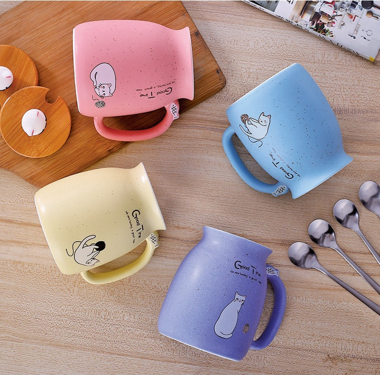 450ml Cute Cartoon Cat Ceramic Mug with Lid & Spoon