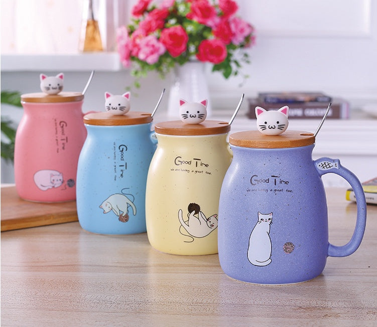 450ml Cute Cartoon Cat Ceramic Mug with Lid & Spoon