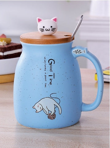 450ml Cute Cartoon Cat Ceramic Mug with Lid & Spoon